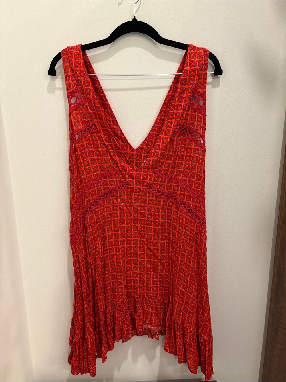 Free People Red V-Neck Mini Dress with Crochet Accents - Picture 2 of 4
